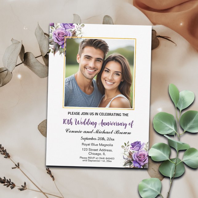 Invitación 10.º Boda Aniversario del marco dorado Rosas morad (Subido por el creador)
