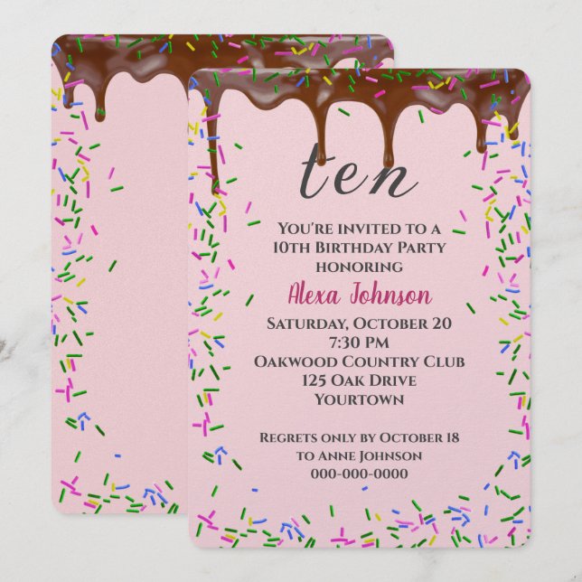 Invitación 10.º Cumpleaños Con Hielo De Chocolate Y Espolvori (Anverso / Reverso)