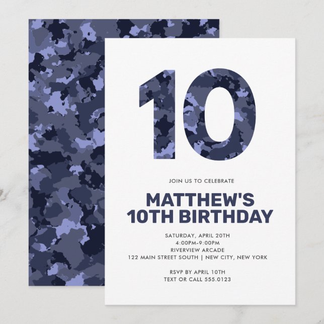 Invitación 10.º Cumpleaños, Fiesta Personalizada Camo Azul (Anverso / Reverso)