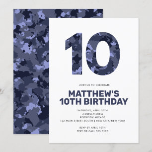 Invitación 10.º Cumpleaños, Fiesta Personalizada Camo Azul