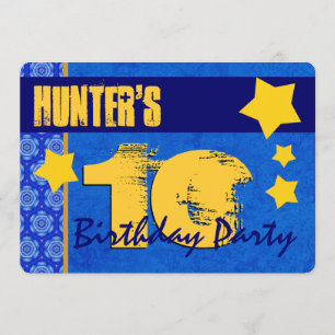 Invitación 10.º cumpleaños moderno para él azul y oro W13B7