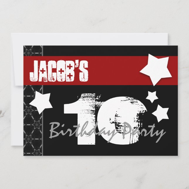 Invitación 10.º cumpleaños moderno para él rojo blanco negro  (Anverso)