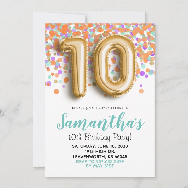 Invitación 10.º cumpleaños Naranja de la Casa de Oro Confetti (Anverso)
