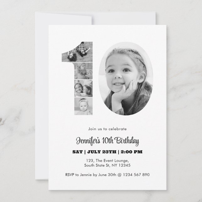 Invitación 10.º cumpleaños número 10 Collage de fotos blanco  (Anverso)