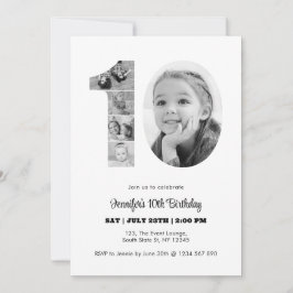 Invitación 10.º cumpleaños número 10 Collage de fotos blanco