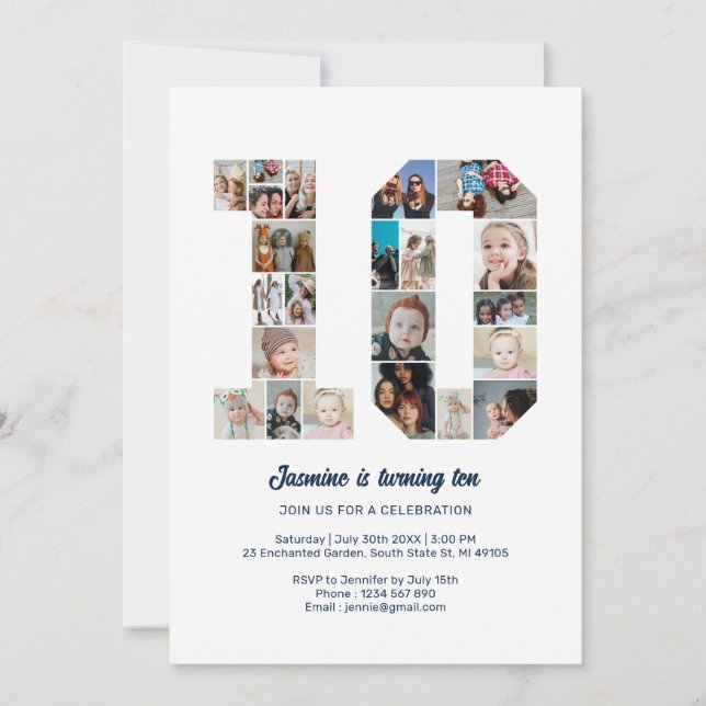 Invitación 10.º cumpleaños número 10 Collage de fotos Persona (Anverso)