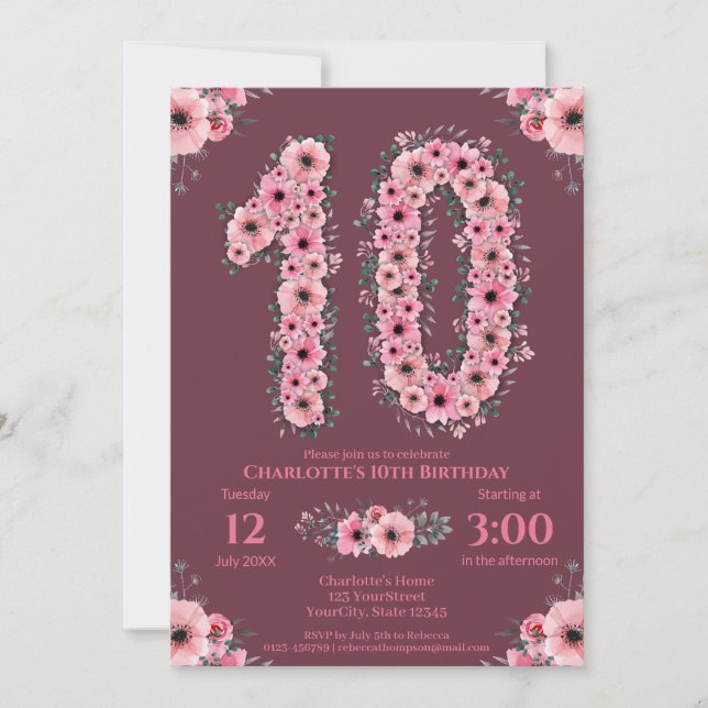 Invitación 10.º Gran Chica de cumpleaños Flores rosadas Folia (Anverso)