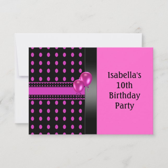 Invitación 10.º natalicio Patrón de puntos rosados negros y g (Anverso)