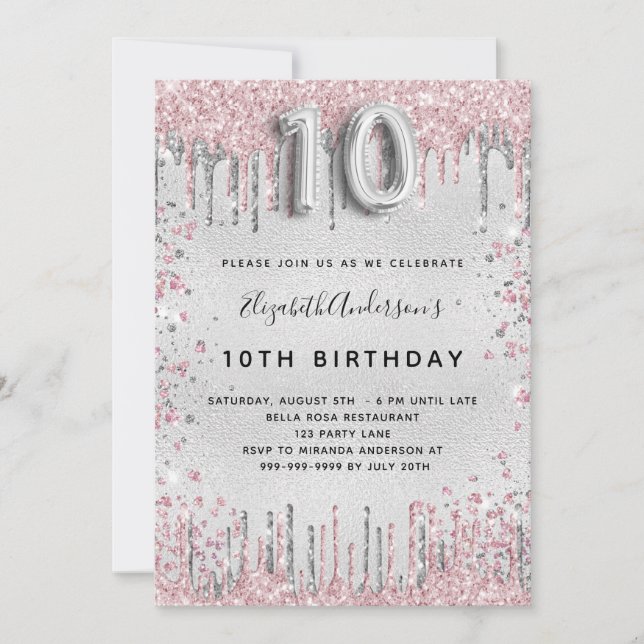 Invitación 10.º polvo de purpurina metalizado rosa de plata (Anverso)