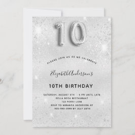 Invitación 10.º purpurina de plata de cumpleaños