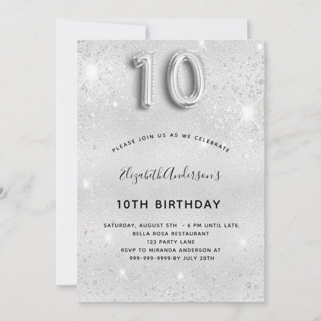 Invitación 10.º purpurina de plata de cumpleaños (Anverso)