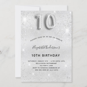 Invitación 10.º purpurina de plata de cumpleaños