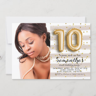 Invitación 10.º retrato de oro a rayas de cumpleaños