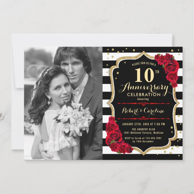 Invitación 10° aniversario con foto - Rojo negro dorado (Anverso)