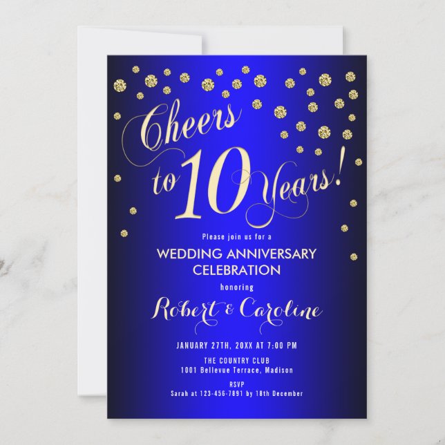 Invitación 10° Aniversario del Boda - Royal Blue & Gold (Anverso)