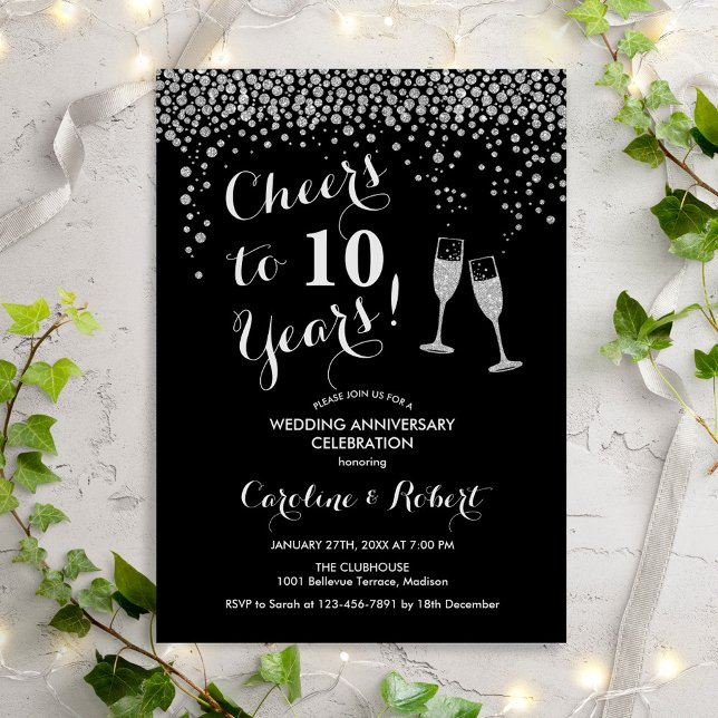 Invitación 10° Aniversario - Saludos a 10 años negro plateado (Subido por el creador)