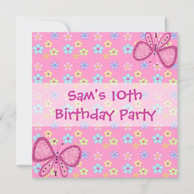 Invitación 10 cumpleaños floral mariposa rosa (Anverso)