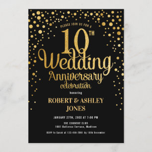 Invitación 10mo Aniversario de boda - negro y oro