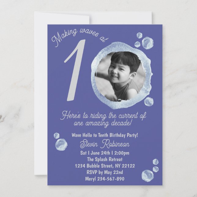Invitación 10th Indigo Blue Bubble Birthday Party Invitation (Anverso)