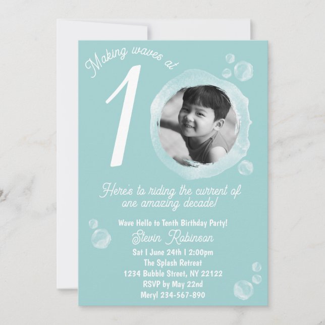 Invitación 10th Pale Teal Blue Bubble Birthday Party  (Anverso)