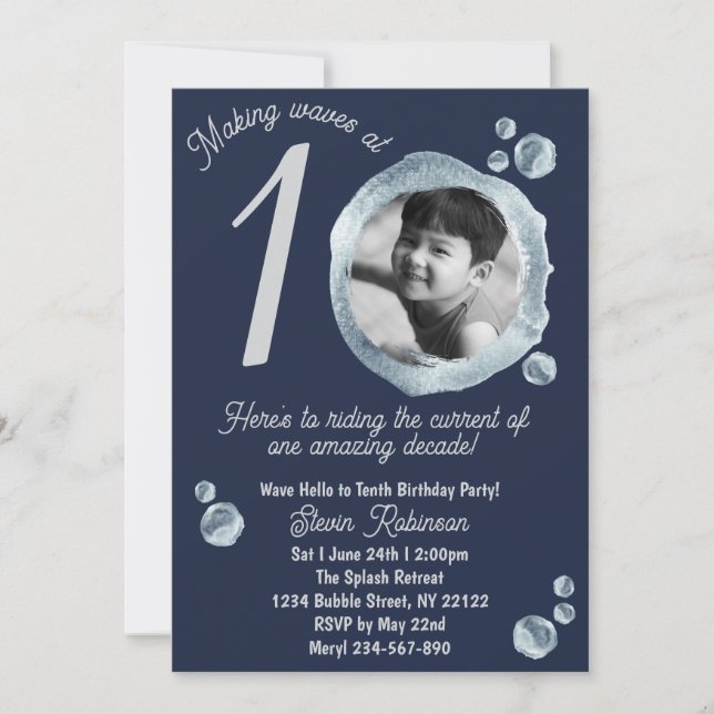 Invitación 10th Twilight Blue Bubble Birthday Party  (Anverso)