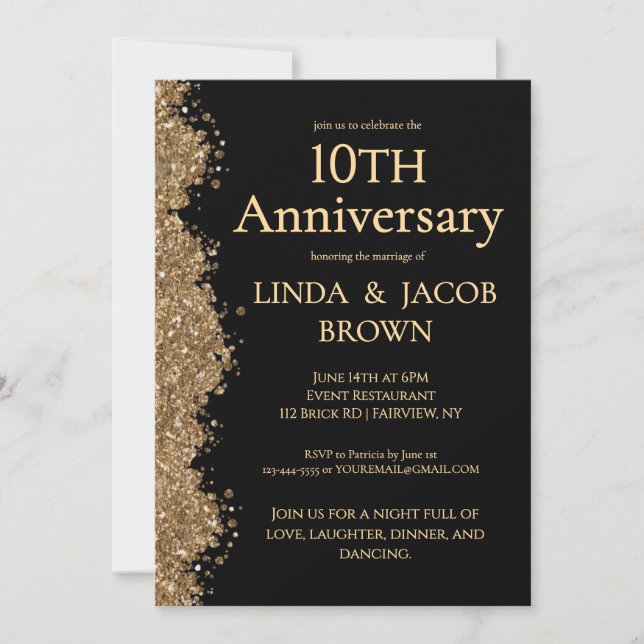 Invitación 10th Wedding Anniversary Gold Faux Glitter  (Anverso)