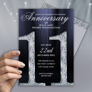 Invitación 11º Aniversario Diamante Plateado Años Azul Oscuro