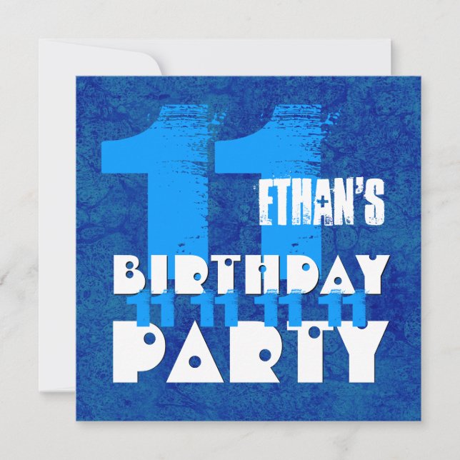 Invitación 11.ª fiesta de cumpleaños BLUE Grunge Z03B (Anverso)