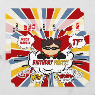 Invitación 11.ª fiesta de cumpleaños Superhéroe cómico rojo
