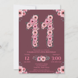Invitación 11.ª Gran Chica de cumpleaños Flores rosadas Folia