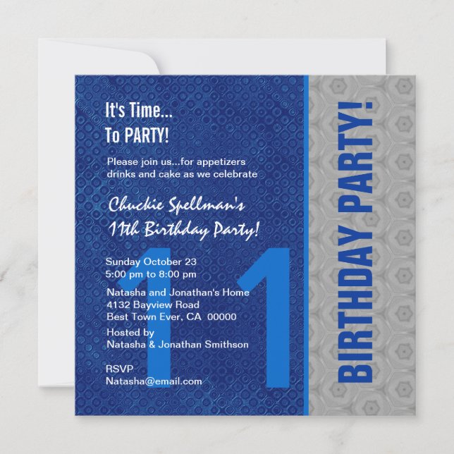 Invitación 11.º cumpleaños Moderno azul y plata S307B (Anverso)
