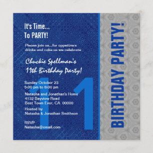 Invitación 11.º cumpleaños Moderno azul y plata S307B