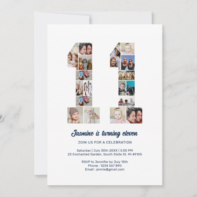 Invitación 11.º cumpleaños número 11 Collage de fotos Persona (Anverso)