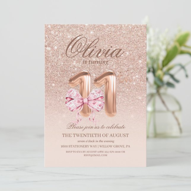 Invitación 11.º cumpleaños Rosa de Moda de oro rosado Cumplea (Anverso de pie)