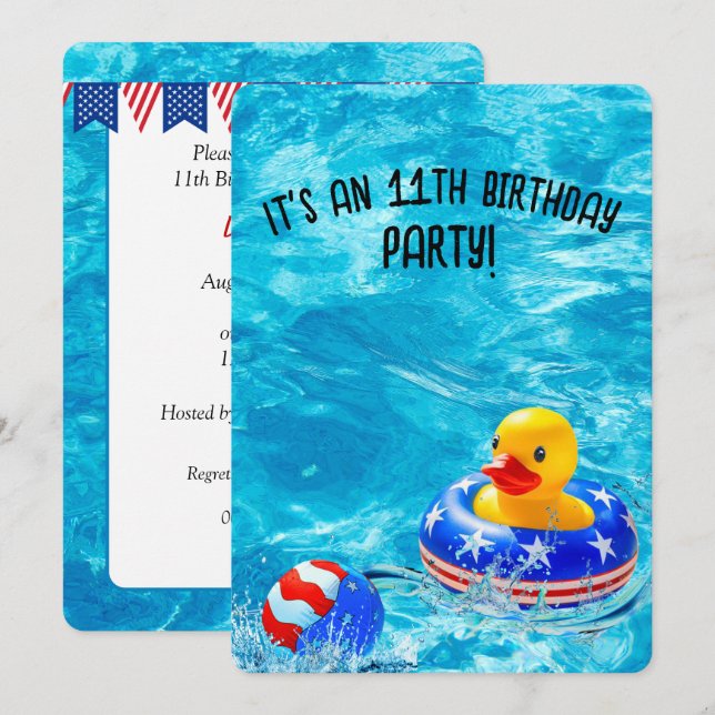 Invitación 11.º Fiesta de la piscina de cumpleaños con pato a (Anverso / Reverso)