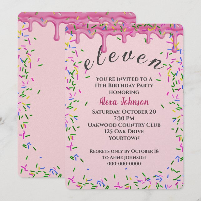 Invitación 11.º Nacimiento De Hielo Rosa Y Espolvorines (Anverso / Reverso)
