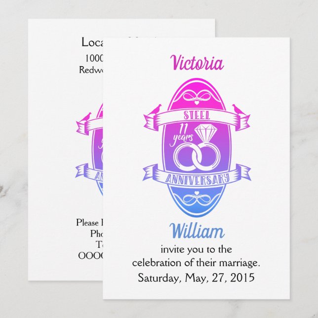 Invitación 11 años tradicional Acero 11º aniversario de bodas (Anverso / Reverso)