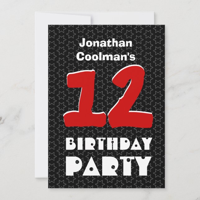 Invitación 12º cumpleaños, estrellas blancas modernas adolesc (Anverso)