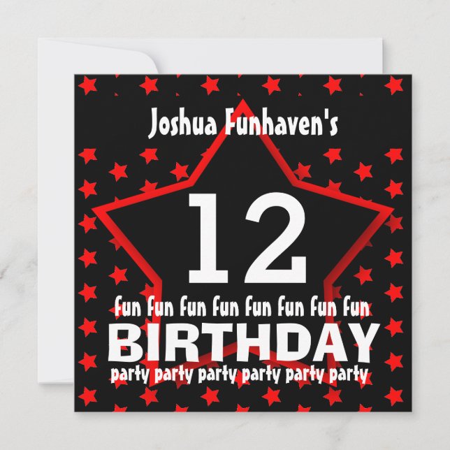 Invitación 12º cumpleaños o CUALQUIER AÑO Black Red STAR V12A (Anverso)
