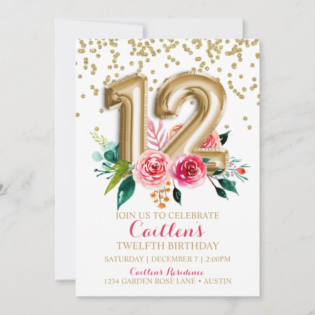 Invitación 12º Relieve metalizado dorado de cumpleaños Globos (Anverso)