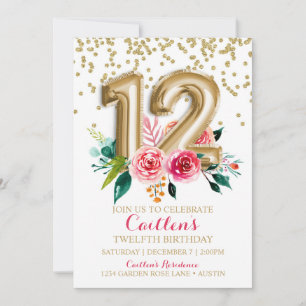 Invitación 12º Relieve metalizado dorado de cumpleaños Globos