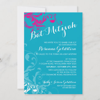 Invitación 128-marnie BAT MITZVAH florido color turquesa rosa