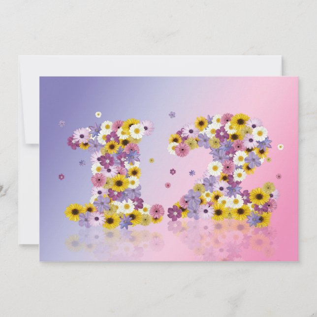 Invitación 12.ª fiesta de cumpleaños, con letras con flores (Anverso)