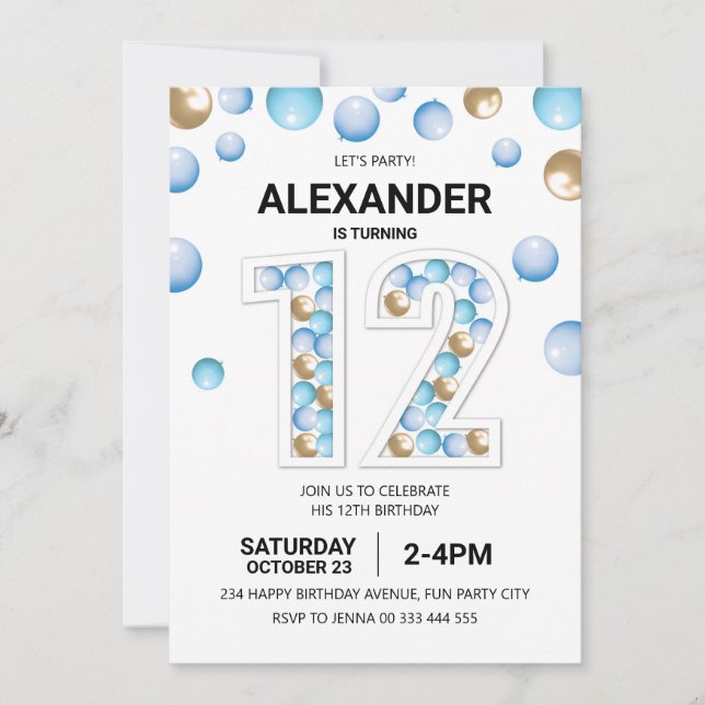 Invitación 12.ª fiesta de cumpleaños, globo azul y oro (Anverso)