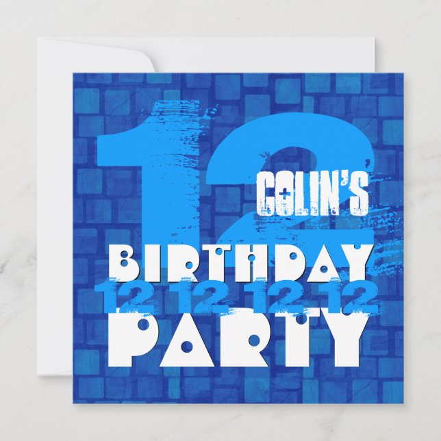 Invitación 12.ª fiesta de cumpleaños Grunge BLUE Z12B (Anverso)