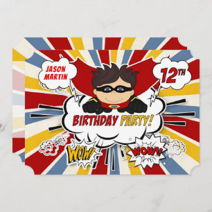Invitación 12.ª fiesta de cumpleaños Superhéroe cómico rojo