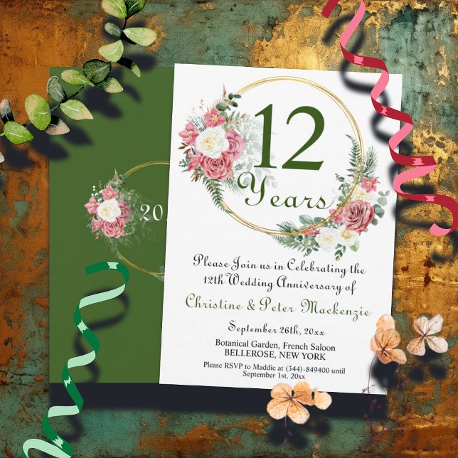Invitación 12.º Boda de seda Rosas marco de oro (Subido por el creador)
