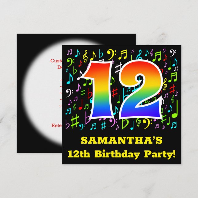 Invitación 12.º cumpleaños: Símbolos musicales divertidos, ar (Anverso / Reverso)