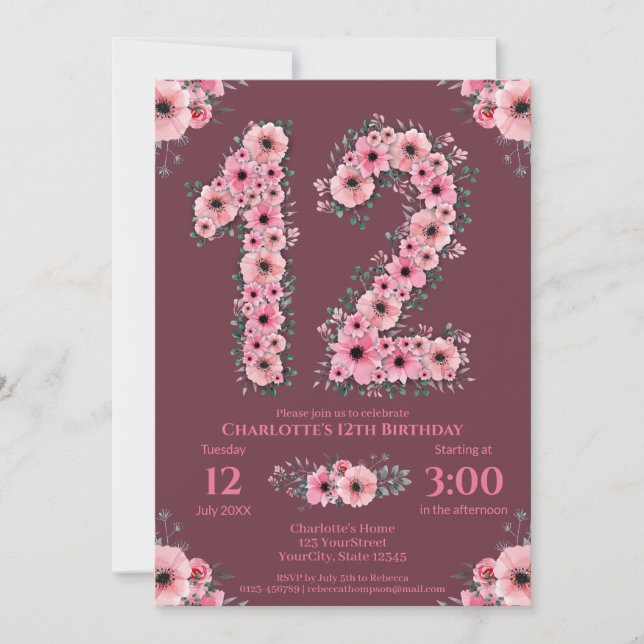 Invitación 12.º Gran Chica de cumpleaños Flores rosadas Folia (Anverso)