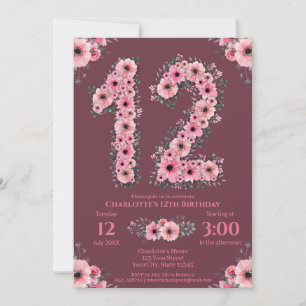 Invitación 12.º Gran Chica de cumpleaños Flores rosadas Folia